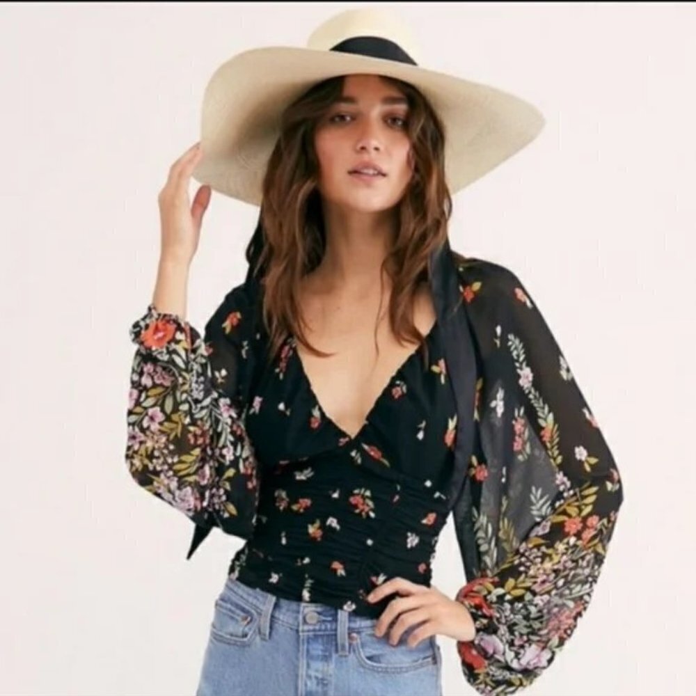 New Free People Final Rose Floral Black Blouse Size XS Sheer